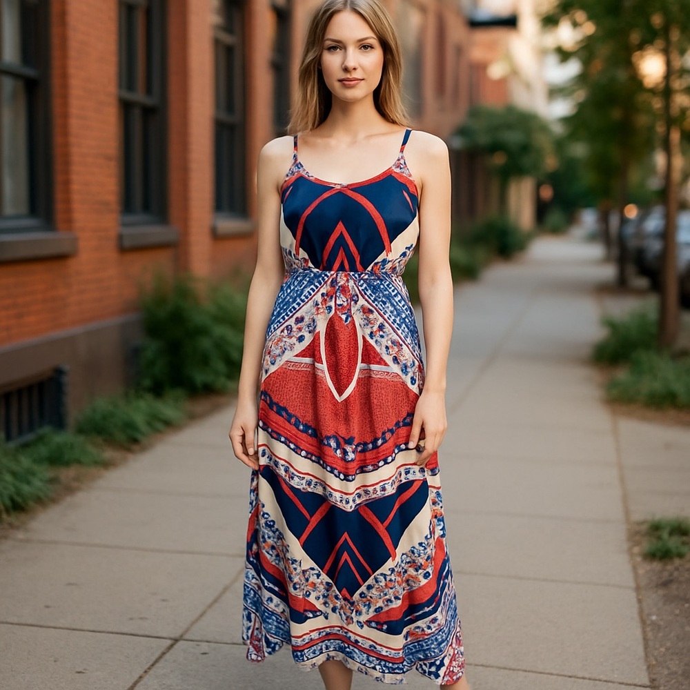 Luxology Blue and Orange Spaghetti Strap Maxi Sundress